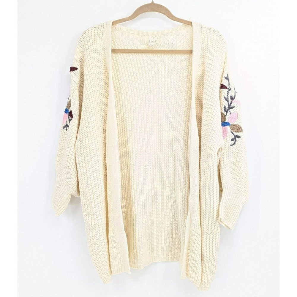 Frumos Embroidered Balloon Sleeve Knit Cardigan